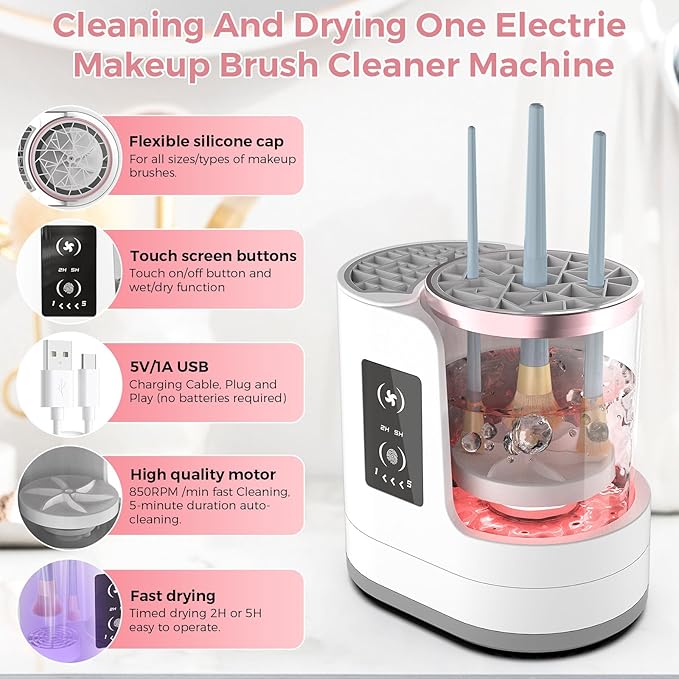 THEMARS 3 IN 1 Electric Makeup Brush Cleaner Machine With Dryer, USB Portable Automatic Cosmetic Brushes Cleaner (Snow White)