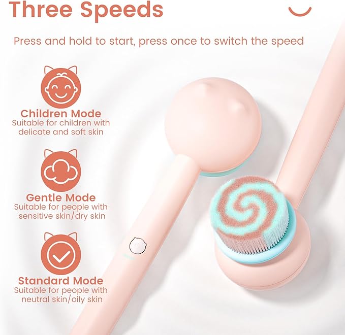 Electric Back Scrubber for Shower Body Brush, Waterproof Shower Body Scrubber for Cleansing, Massaging, Rechargeable Spinning Bath Brush for Kids with 2 Heads & 3 Speed Modes, Berry Pink XY0