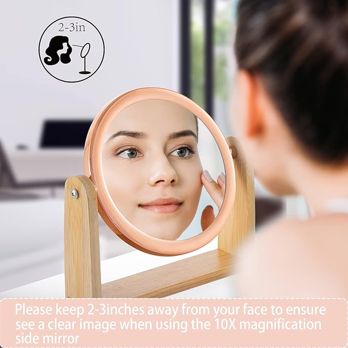 YEAKE Double Sided 10X Magnifying Makeup Mirror with Bamboo Stand,Small Desk Table Mirror with 360° Rotation,Standing Portable Cosmetic Mirror,Good for Shaving,Traveling(Rose Gold,Round)