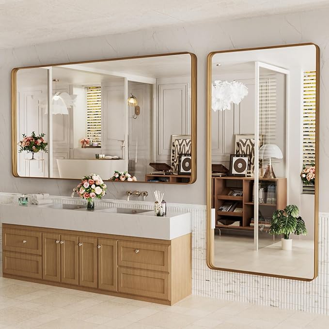 LOAAO 72X36 Inch Bathroom Mirror with Wood Grain Colored Metal Frame, Rounded Rectangle Metal Framed Bathroom Mirror, Anti-Rust, Hangs Horizontally or Vertically, Tempered Glass