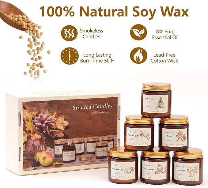 Long Lasting Soy Candles for Home, 6 Pack Holiday Scented Candle Gift Set with Cinnamon Apple, Pumpkin Chai & Vanilla, Natural Aromatherapy Candles, Christmas Gifts for Women