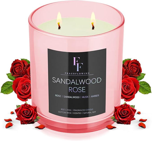 Sandalwood Rose Scented Candle, 2-Wick Luxury Soy Wax Candle, 9 oz Aromatherapy Candle Home Fragrance Candles Gift