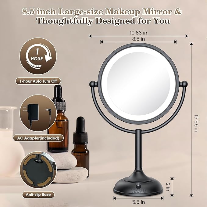 VESAUR Professional 8.5" Lighted Makeup Mirror, 1X/10X Double Sided HD Undistorted Magnifying Mirror with 3 Color 90 Dimmable LED lights, 360° Rotation Vanity Mirror, Unique Black Nickel with Gift Box