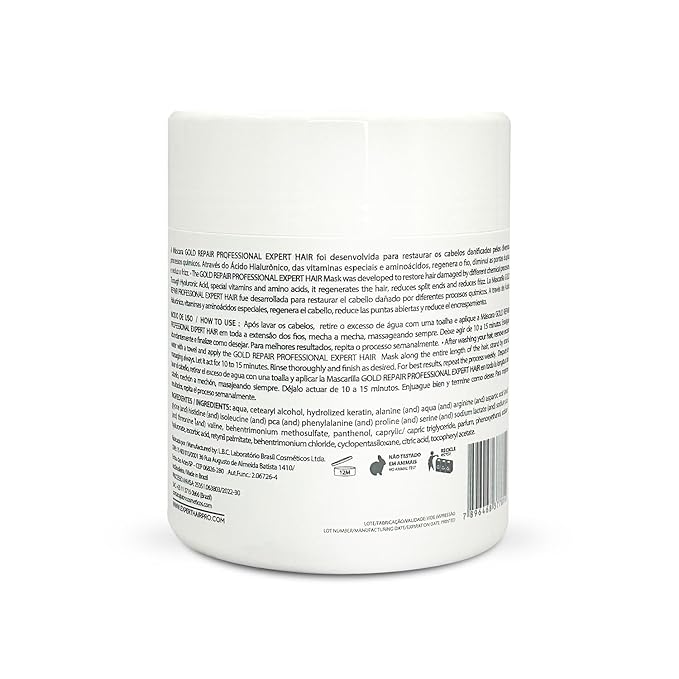 Expert Hair Gold - Restorative Hyaluronic Acid Mask to Repair Damaged Hair, Combat Dryness, Frizz & Split Ends (500g/17.6 Fl Oz)