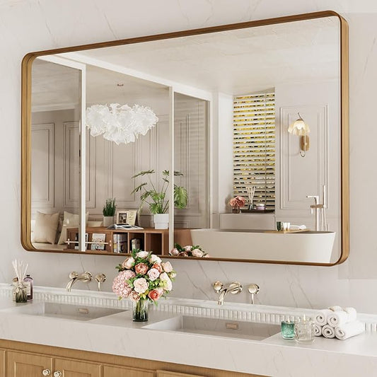 LOAAO 60X40 Inch Bathroom Mirror with Wood Grain Colored Metal Frame, Rounded Rectangle Metal Framed Bathroom Mirror, Anti-Rust, Hangs Horizontally or Vertically, Tempered Glass