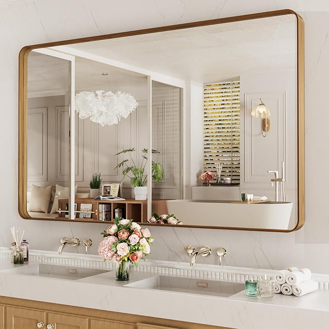 LOAAO 60X30 Inch Bathroom Mirror with Wood Grain Colored Metal Frame, Rounded Rectangle Metal Framed Bathroom Mirror, Anti-Rust, Hangs Horizontally or Vertically, Tempered Glass