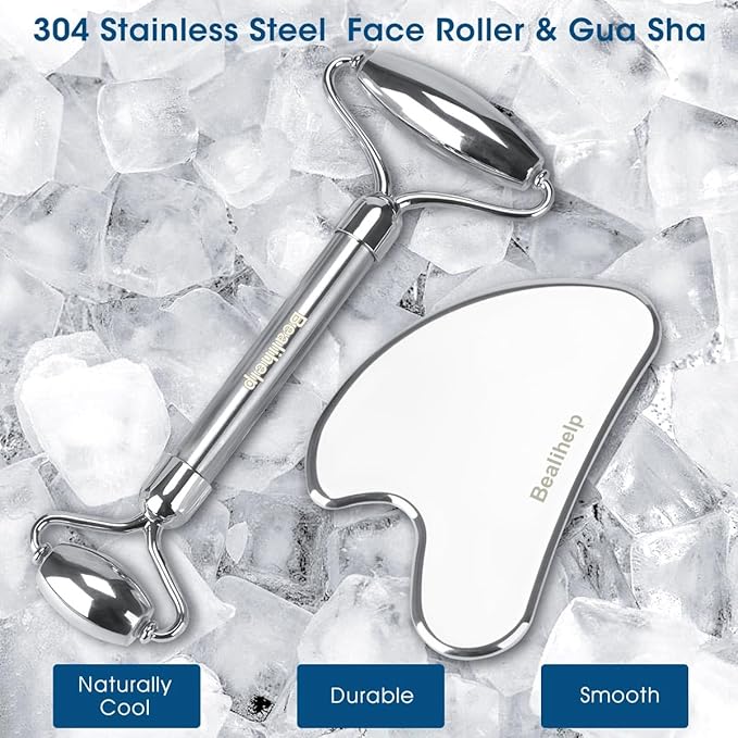 Face Roller and Gua Sha, Stainless Steel Facial Roller and Guasha Tool for Face, Skin Care Roller for Wrinkles and Lifting, Improve Puffiness, Metal Face Massager for Eyes, Neck Tighten