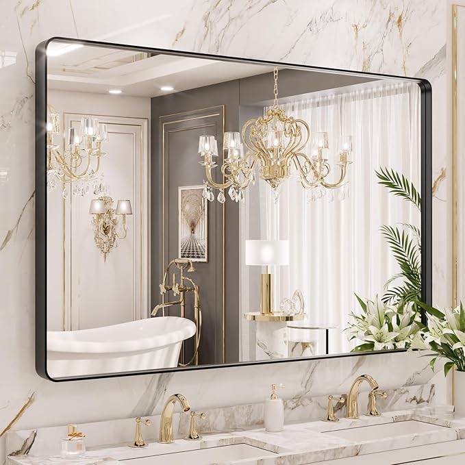 LOAAO 48X40 Inch Black Metal Framed Bathroom Mirror for Wall, Matte Black Bathroom Vanity Mirror Farmhouse, Large Rounded Rectangle Mirror, Anti-Rust, Tempered Glass, Hangs Horizontally or Vertically