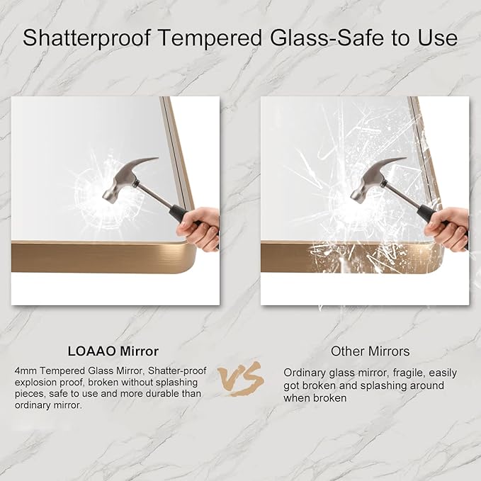 LOAAO 40"X32" Gold Bathroom Mirror, Rounded Rectangle Gold Frame Mirror, Brushed Gold Bathroom Vanity Mirror Wall-Mounted, Anti-Rust, Tempered Glass, Hangs Horizontally or Vertically