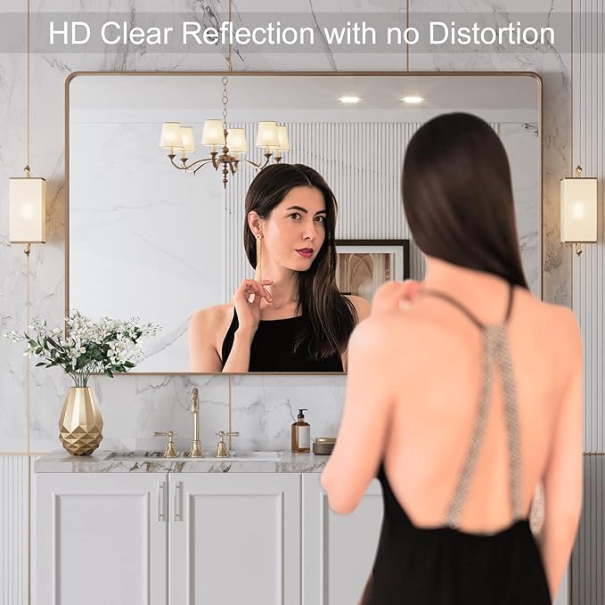 LOAAO 48”X30” Gold Bathroom Mirror, Rounded Rectangle Gold Frame Mirror, Brushed Gold Bathroom Vanity Mirror Wall-Mounted, Anti-Rust, Tempered Glass, Hangs Horizontally or Vertically