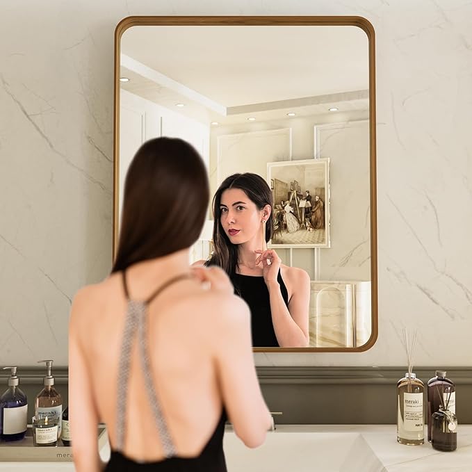 LOAAO 32X36 Inch Bathroom Mirror with Wood Grain Colored Metal Frame, Rounded Rectangle Metal Framed Bathroom Mirror, Anti-Rust, Hangs Horizontally or Vertically, Tempered Glass