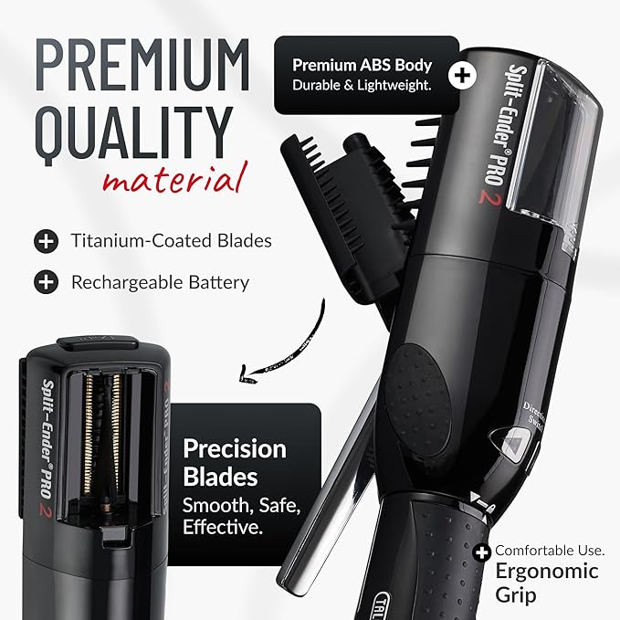 Pro 2 - Original Professional Beauty Tool - Cordless Split End Hair Trimmer for Damaged, Dry, Brittle, Frizzy, Curly or Straight Hair (Black)