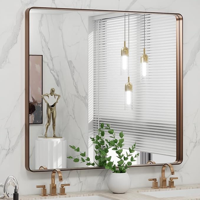 LOAAO 40”X36” Bronze Bathroom Mirrors for Vanity, Rounded Rectangle Brushed Bronze Metal Frame Mirror, Anti-Rust, Tempered Glass, Hangs Horizontally or Vertically