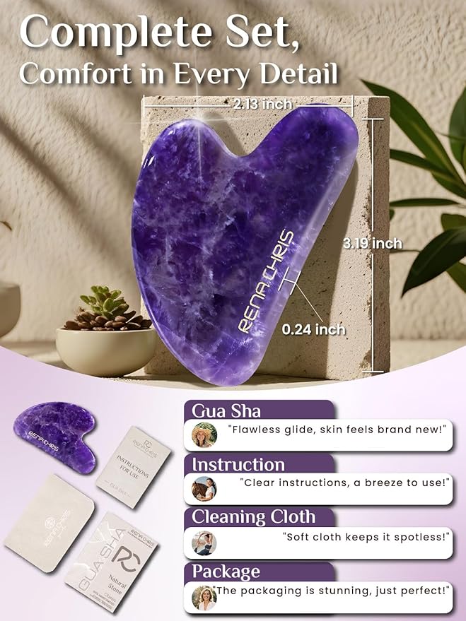 Rena Chris Gua Sha Facial Tools: Natural Amethyst Guasha Tool for Face Acupuncture Therapy, Facial Massager for Jawline Sculpting and Puffiness Reducing (Purple)