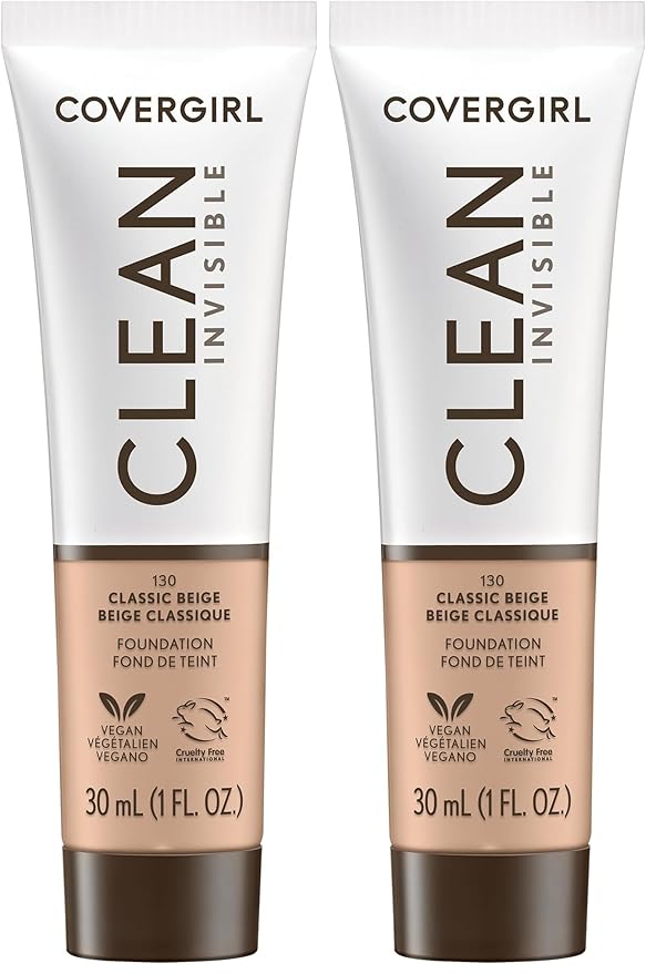 COVERGIRL Clean Invisible Foundation Makeup, Dewy & Glowy Natural Finish, Buildable Coverage, Skin-Like Smooth Look, Vegan, Classic Beige, 1oz (Pack of 2)