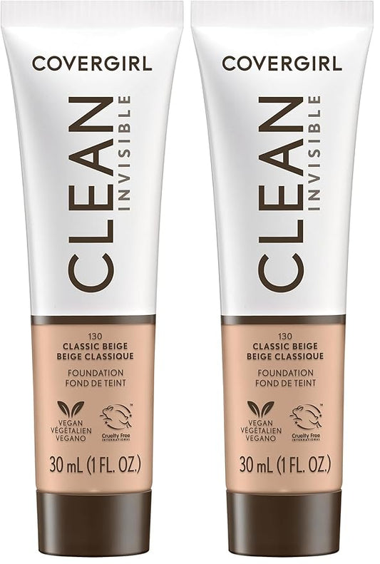 COVERGIRL Clean Invisible Foundation Makeup, Dewy & Glowy Natural Finish, Buildable Coverage, Skin-Like Smooth Look, Vegan, Classic Beige, 1oz (Pack of 2)