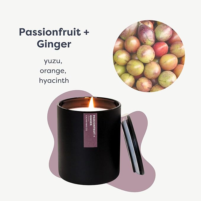 Calyan Wax Co. Passionfruit & Ginger Scented Candle - 75 Hour Burn - Luxury Non Toxic Soy Wax Candles - Long Lasting Black Tumbler Jar Candle for Home - 10.2oz