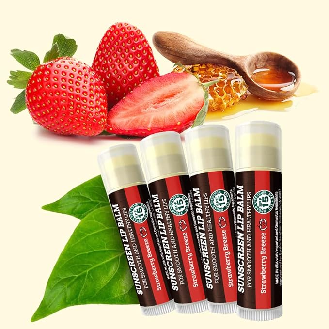Earth's Daughter SPF Lip Balm 4-Pack Strawberry Flavor Stocking Stuffers - Lip Sunscreen, SPF 15, Organic Ingredients, Beeswax, Coconut Oil, Vitamin E - Hypoallergenic, Paraben Free, Gluten Free