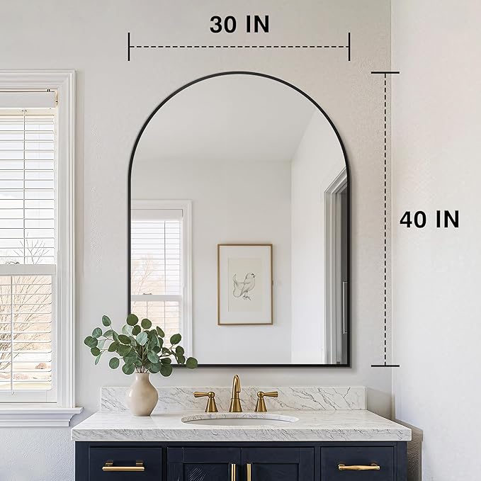 FICTOR Bathroom Vanity Mirror for Wall,40”x30” Large Arched Metal Framed Bathroom Mirror for Over Sink,Entryway, Living Room & Bedroom(Black)