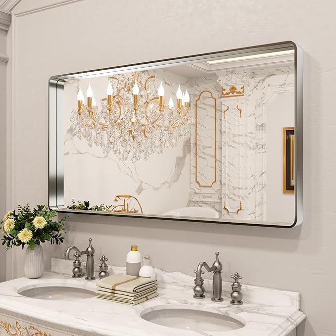 LOAAO 55X30 Inch Brushed Nickel Bathroom Mirror, Rounded Rectangle Silver Metal Frame Mirror, Brushed Nickel, Anti-Rust, Shatter Proof, Hangs Horizontally or Vertically