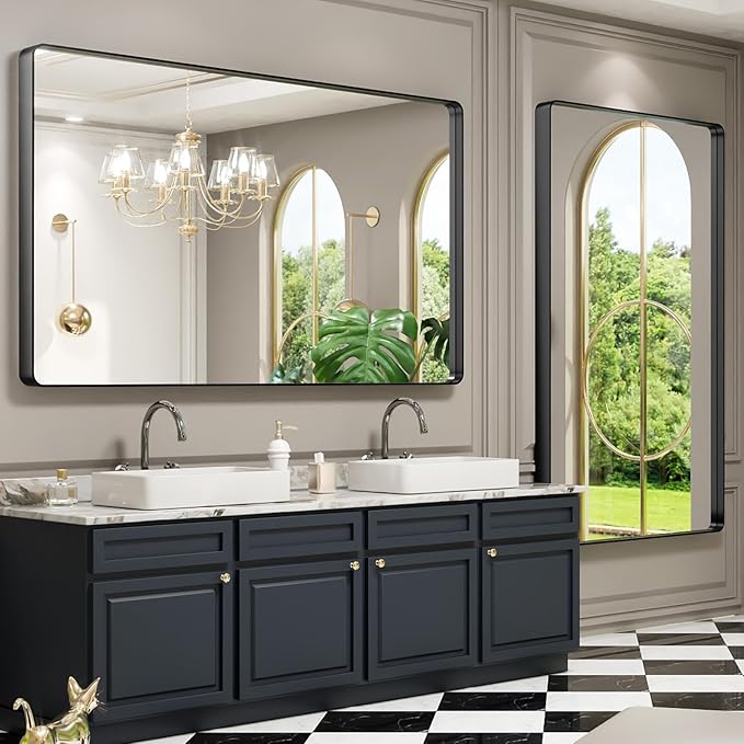 LOAAO 60X30 Inch Black Metal Framed Bathroom Mirror for Wall, Matte Black Bathroom Vanity Mirror Farmhouse, Large Rounded Rectangle Mirror, Anti-Rust, Tempered Glass, Hangs Horizontally or Vertically
