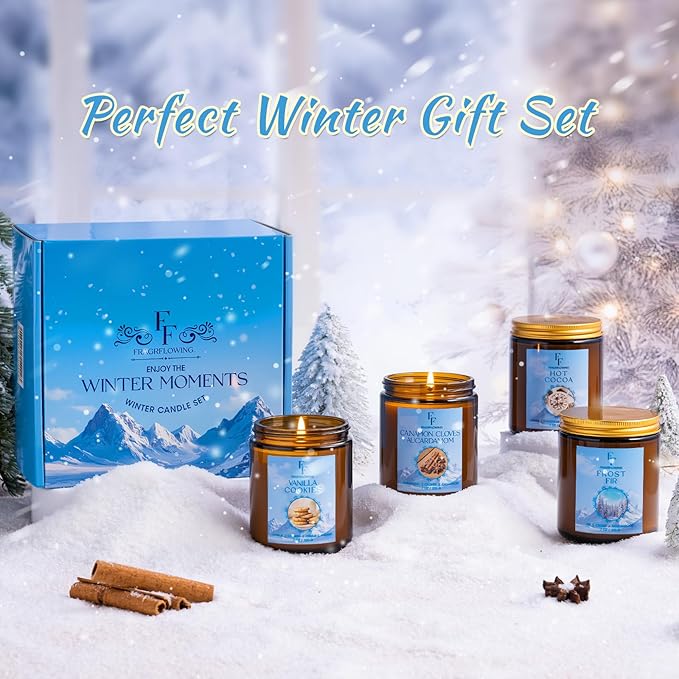 Winter Candles, Scented Candles for Home, 4 Pack Holiday Natural Soy Candles, Gifts for Women Men, Fragrance of Fir/Hot Cocoa/Vanilla Cookies/Cinnamon