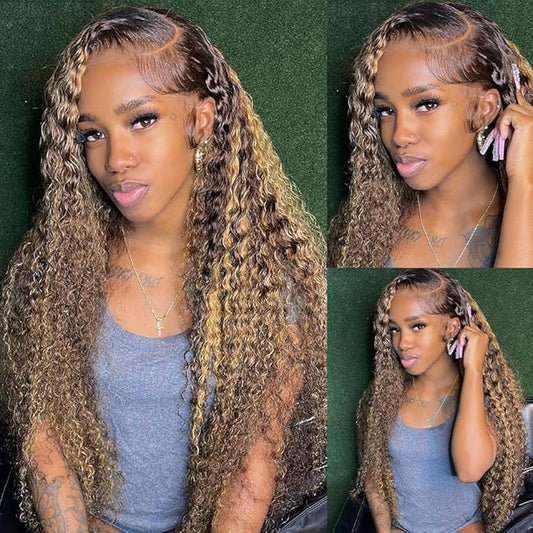 Highlight Ombre Lace Front Wigs Human Hair Honey Blonde Deep Wave 13x6 HD Transparent Lace Frontal Wigs Human Hair P4/27 Colored Curly Wig for Women 180% Density Glueless Pre Plucked 24 Inch Wig
