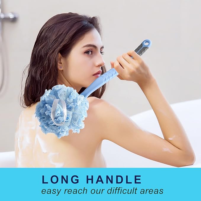 Back Scrubber Brush,TEGOOL Body Bath Shower Brush with Bristles and Loofah/Mesh Sponge,16 Inches Long Handle Built-in TPR Material Non-Slip for Exfoliating Massage Men and Women(Blue)