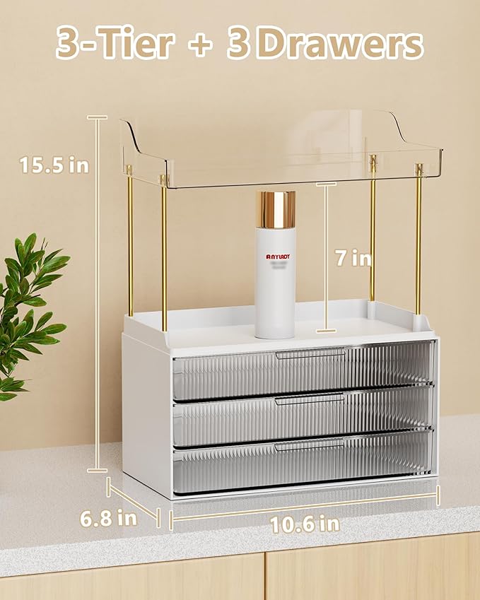Bathroom Organizers and Storage, Makeup Organizer (Sturdy Durable Attractive), Ideal for Vanity, Countertop, Counter, Perfume, Skincare, Cabinet, Cosmetic, Dresser Organizer (White)
