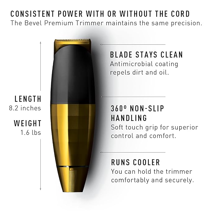 Bevel Beard Trimmer for Men - Gold Edition Cordless Trimmer, 8 Hour Rechargeable Battery Life, Tool Free Adjustable Zero Gapped Blade, Barber Supplies, Mustache Trimmer