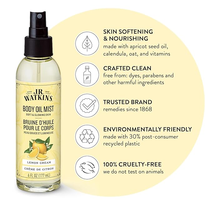 J.R. Watkins Naturally Hydrating Body Oil Mist, Lemon Cream, 6 fl oz, 2 Pack