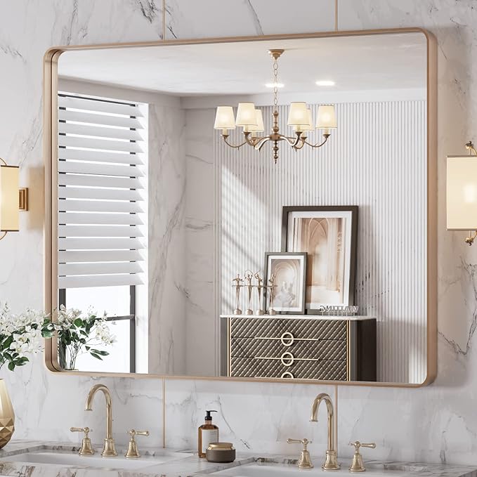 LOAAO 40"X32" Gold Bathroom Mirror, Rounded Rectangle Gold Frame Mirror, Brushed Gold Bathroom Vanity Mirror Wall-Mounted, Anti-Rust, Tempered Glass, Hangs Horizontally or Vertically