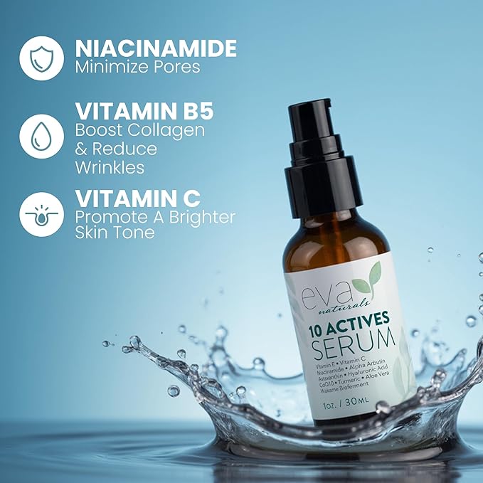Eva Naturals 10 Actives Serum – Vitamin C, Niacinamide, Hyaluronic Acid, Turmeric, CoQ10 – Natural Anti Aging Face Serum for Dark Spots, Wrinkles, Acne, Skin Care & Facial Spot Remover