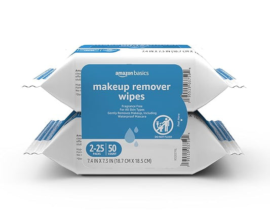 Amazon Basics Makeup Remover Wipes, Fragrance- and Alcohol-Free, Gentle Cleansing, Removes Waterproof Mascara, Dermatologist Tested, 25 Count, Pack of 2