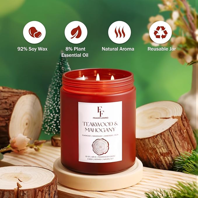 Teakwood & Mahogany Large Scented Candle, 3-Wick 22oz Long Lasting Scented Candle, Natural Soy Wax Aromatherapy Candle for Home, Autumn Candle Gifts for Women Men