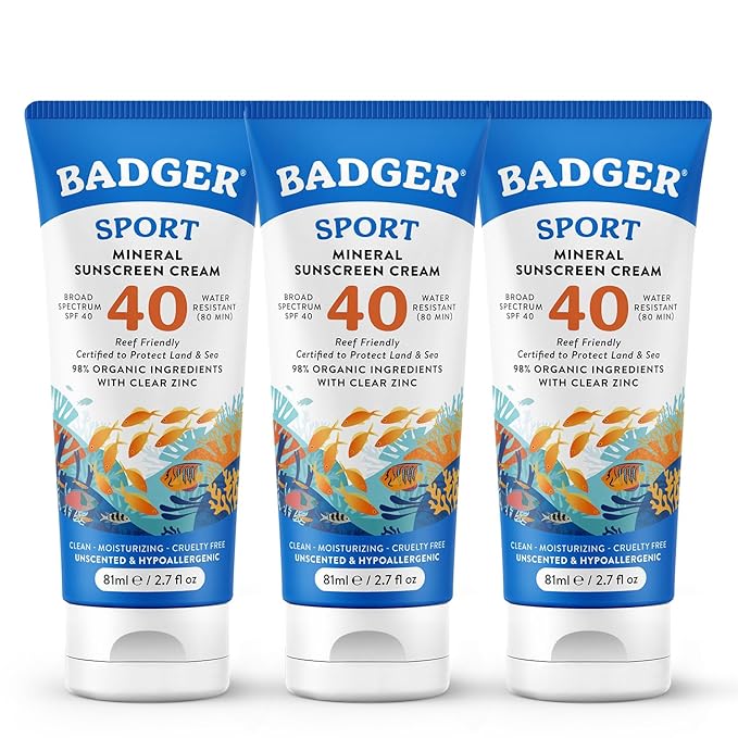 Badger Reef Safe Sunscreen, Unscented SPF 40 Sport Mineral Sunscreen, 98% Organic, Water Resistant Zinc, Approved for Hawaii & Mexico Reefs, 2.7 fl oz, 3-Pack