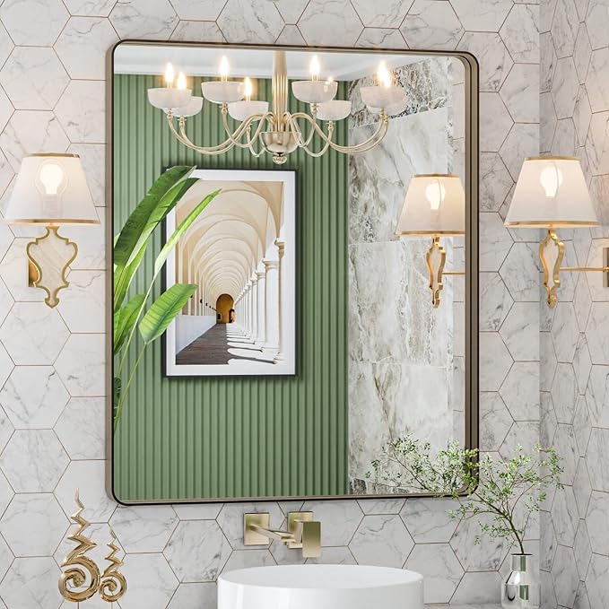 LOAAO 30”X36” Bronze Bathroom Mirrors for Vanity, Rounded Rectangle Brushed Bronze Metal Frame Mirror, Anti-Rust, Tempered Glass, Hangs Horizontally or Vertically
