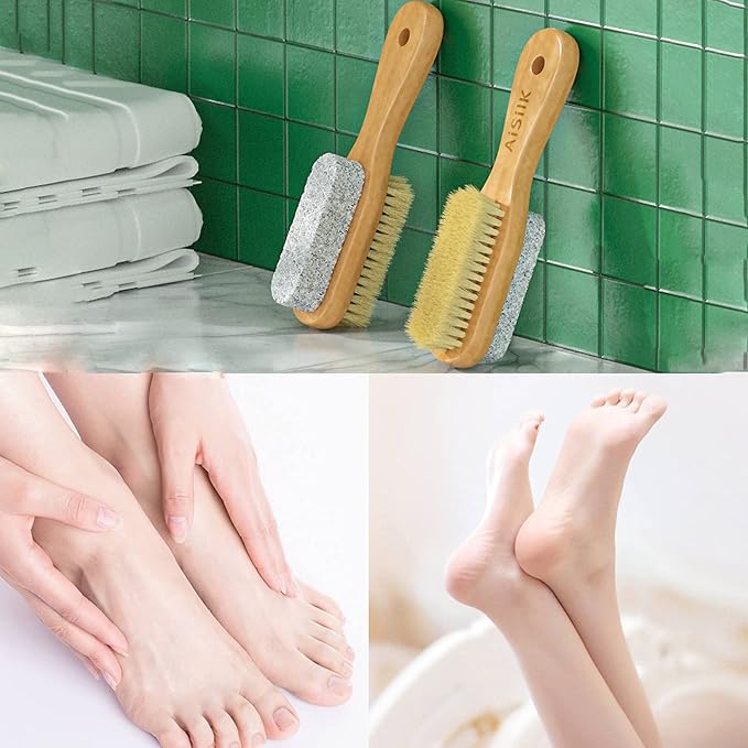 Foot Natural Bristle Brush & Pumice Stone Combo W/Rope wooden handle - Exfoliator Pedicures Calluses Remover - Smoother Body skin, feet, elbow Scrubber for Massage SPA Sauna and more