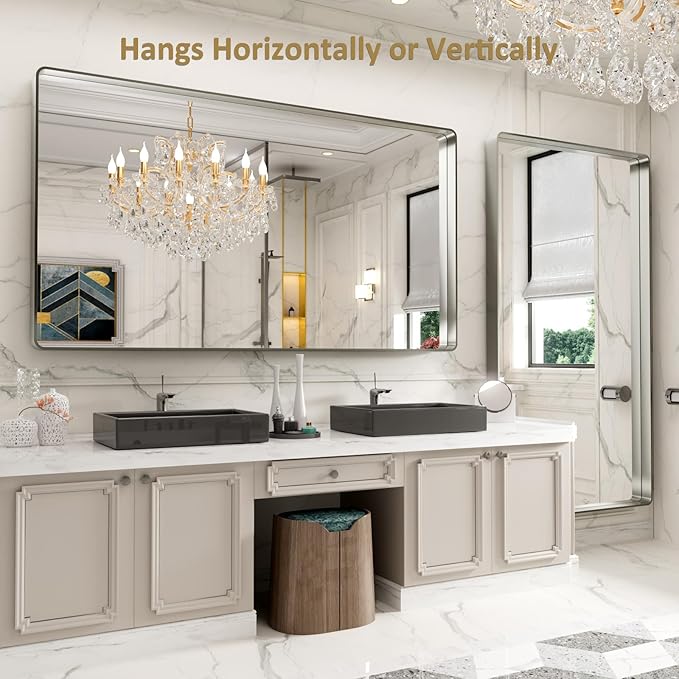 LOAAO 77X36 Inch Brushed Nickel Bathroom Mirror, Rounded Rectangle Silver Metal Frame Mirror, Brushed Nickel, Anti-Rust, Hangs Horizontally or Vertically