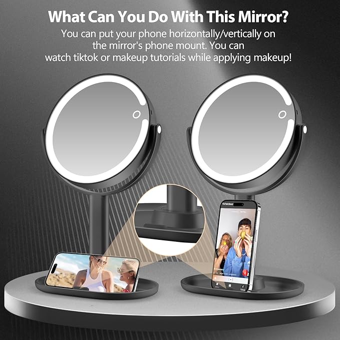 MIYADIVA Makeup Mirror with Lights,20X Magnifying Mirror with Light and Touch Switch,Vanity Mirror with 3 Color Light and 80 LEDs,2-Sided Lighted Magnified Mirrors 8.8 Inches, Black