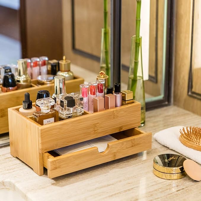 GOBAM Bamboo Makeup Organizers and Storage with Drawer - Wooden Cosmetic Organizer Countertop for Bathroom, Bedroom, Closet, Kitchen, Vanity & Dresser - Make up Vanity Station