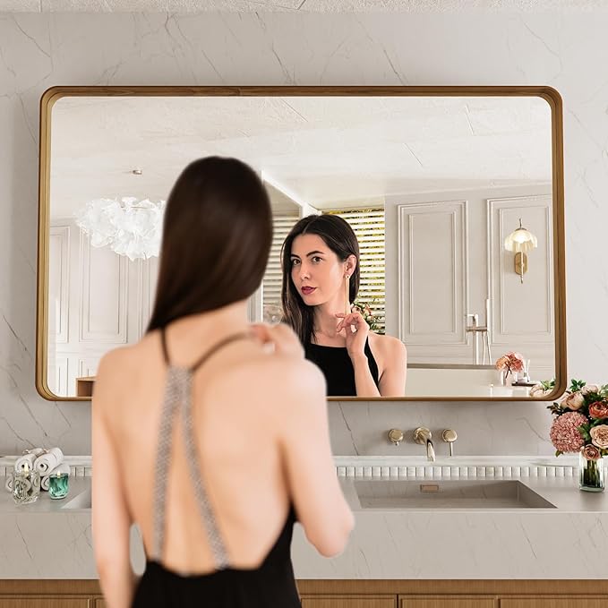 LOAAO 60X28 Inch Bathroom Mirror with Wood Grain Colored Metal Frame, Rounded Rectangle Metal Framed Bathroom Mirror, Anti-Rust, Hangs Horizontally or Vertically, Tempered Glass