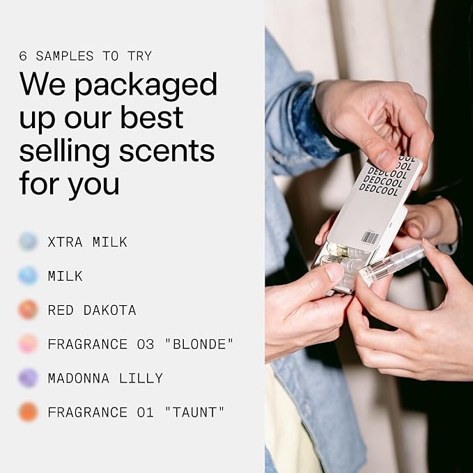 DedCool Sample Tin 6 Scents (Xtra Milk, Milk, Red Dakota, 01 Taunt, Madonna Lilly, 03 Blonde) for Men & Women, Long Lasting Luxury Fragrance, Genderless, Vegan, Non-Toxic Fragrance For All