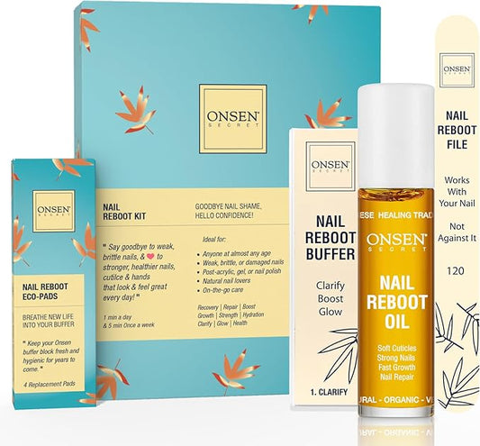 Onsen Secret Nail Care Kit - Japanese Nail Buffer and Shine Kit - Spa-Quality Manicure - Organic Ingredients - Long-Lasting Shine - Easy & Safe - w/Cuticle Care Oil - 1pk
