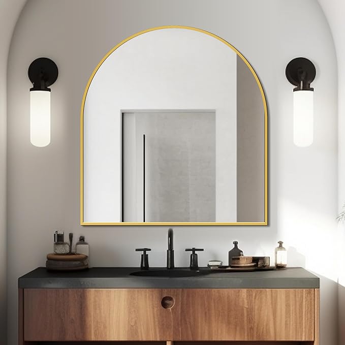 FICTOR Bathroom Vanity Mirror for Wall,32”x30” Arched Metal Framed Bathroom Mirror for Over Sink,Entryway,Living Room,Bedroom(Gold)