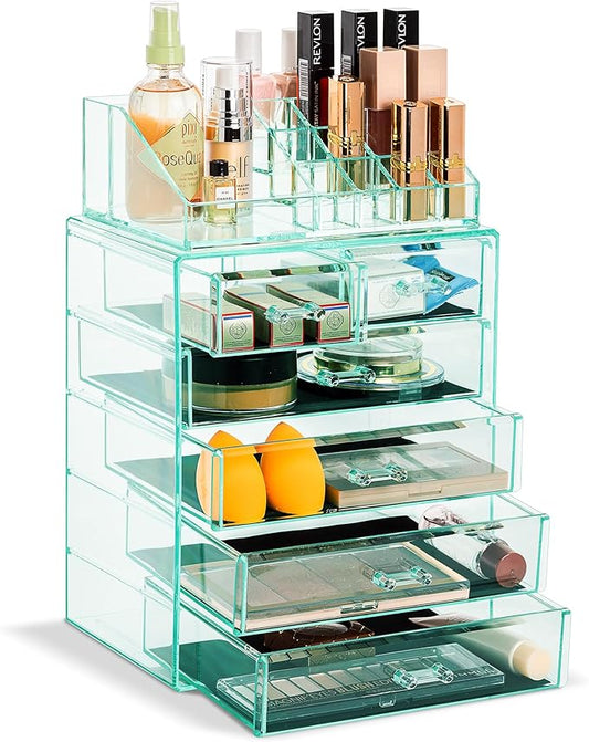 Sorbus Clear Cosmetic Makeup Organizer - Make Up & Jewelry Storage, Case & Display - Spacious Design - Great Holder for Dresser, Bathroom, Vanity & Countertop (4 Large, 2 Small Drawers) [Teal Thrill]