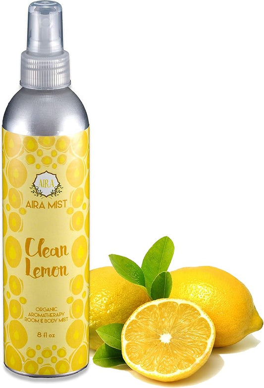 Aira Mist Clean Lemon Organic Room Spray - Essential Oil Spray with Therapeutic Essential Oils of Lemon & Orange - Living Room Spray & Bathroom Spray Free of Alcohol & Parabens - 8 Ounces