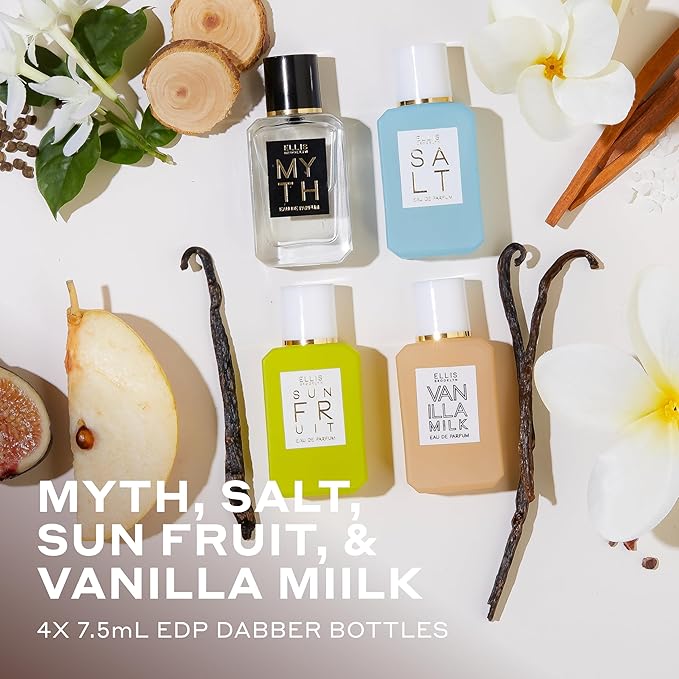 Ellis Brooklyn Chapters Mini Fragrance Gift Set – 4 x 7.5ml Eau de Parfum, Mini Dabbers – Includes MYTH, SALT, SUN FRUIT & VANILLA MILK – Luxury Vegan & Cruelty-Free Perfume Gift Set