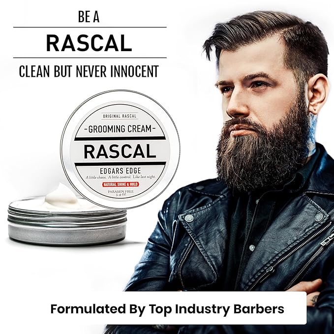 Rascal Original Edgar's Edge Grooming Cream - Hair Cream for Men with Medium Hold & Natural Shine, Mens Hair Conditioning & Styling Solution for All Hair Types, Made with Beeswax & Castor Oil - 3.4 Oz
