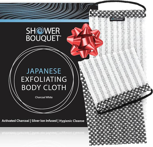 Japanese Exfoliating Washcloth for Back & Body - Charcoal & Silver Ion Exfoliating Towel - Two-Sided Gentle Exfoliation